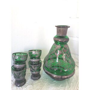 Emerald Green Decanter Set: MCM Silver Filigree Barware (No Lid)